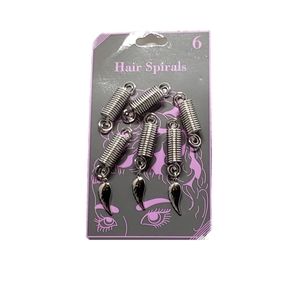 Package of 6 silver Hair Spirals with little Silver Feather accents